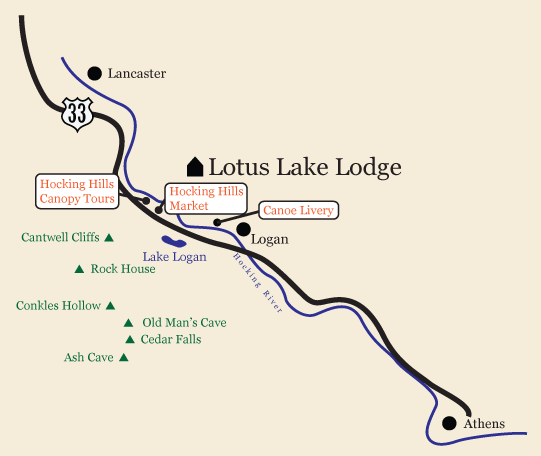 Lotus Lake Lodge is near Hocking Hills Canopy Tours, Canoe Livery, Hocking Hills Market, State Parks, and much more!